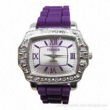 Stylish Logo Silicone Wristwatch with Time and Waterproof, Made of Alloy Bezel Stone Case Material